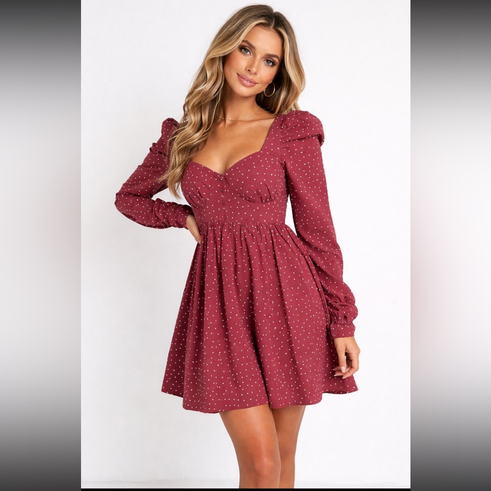 Asos Design Red Burgundy Cotton White Polka Dot Babydoll Mini Dress‎ Size 10